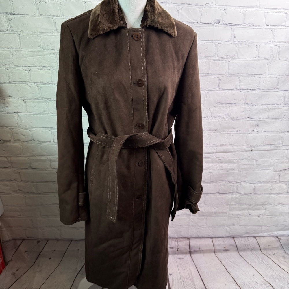 ANNE KLEIN Vintage Faux Fur Collar Trench Coat Brown Medium Large